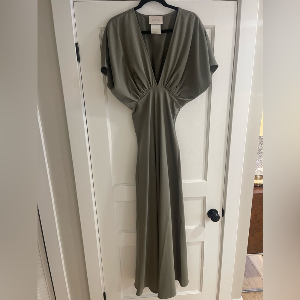 BHLDN Leila deep V flutter sleeve satin A-line gown